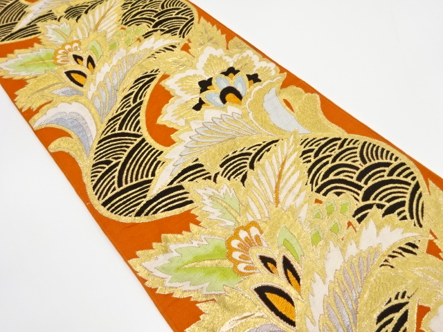 JAPANESE KIMONO / ANTIQUE FUKURO OBI / SILK / WOVEN STREAM & FLOWERS